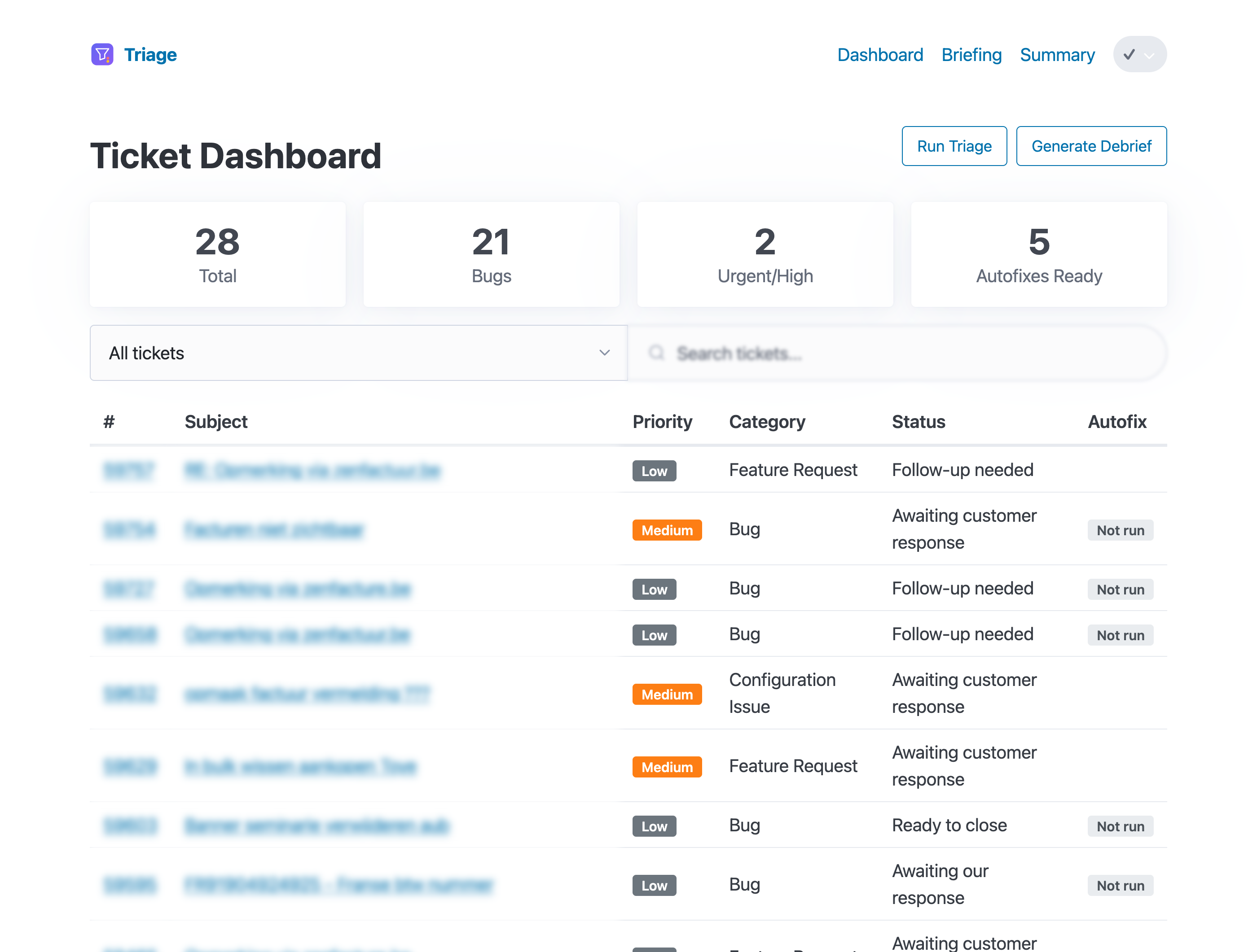 Triage dashboard showing ticket list with priorities, categories, and autofix status